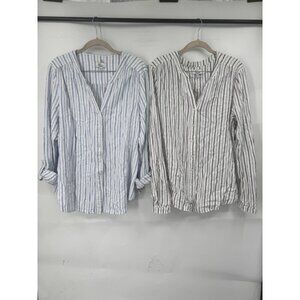 Kim Rogers Set Of 2 Button Front Stripe Linen Blend Shirt Women XXL Roll Tab